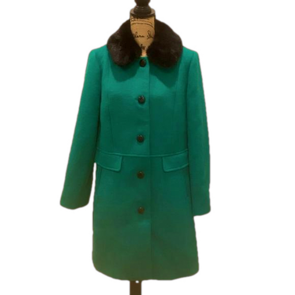 Talbots Emerald Green Faux Fur Collar Wool Blend Car Coat 14 NWT - Picture 2 of 11